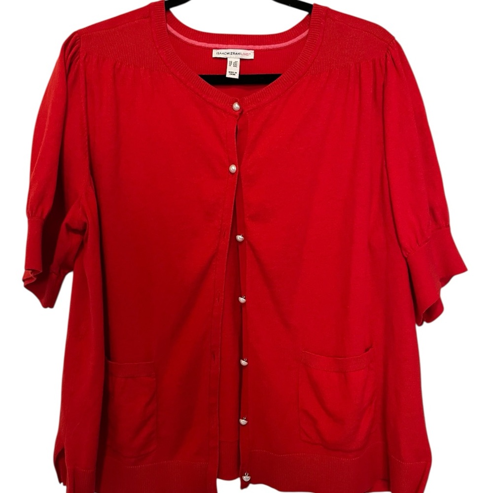 IsaacMizrahiLive Sz 2X Silk Blend Red Short Sleeve Women's Button Front Sweater